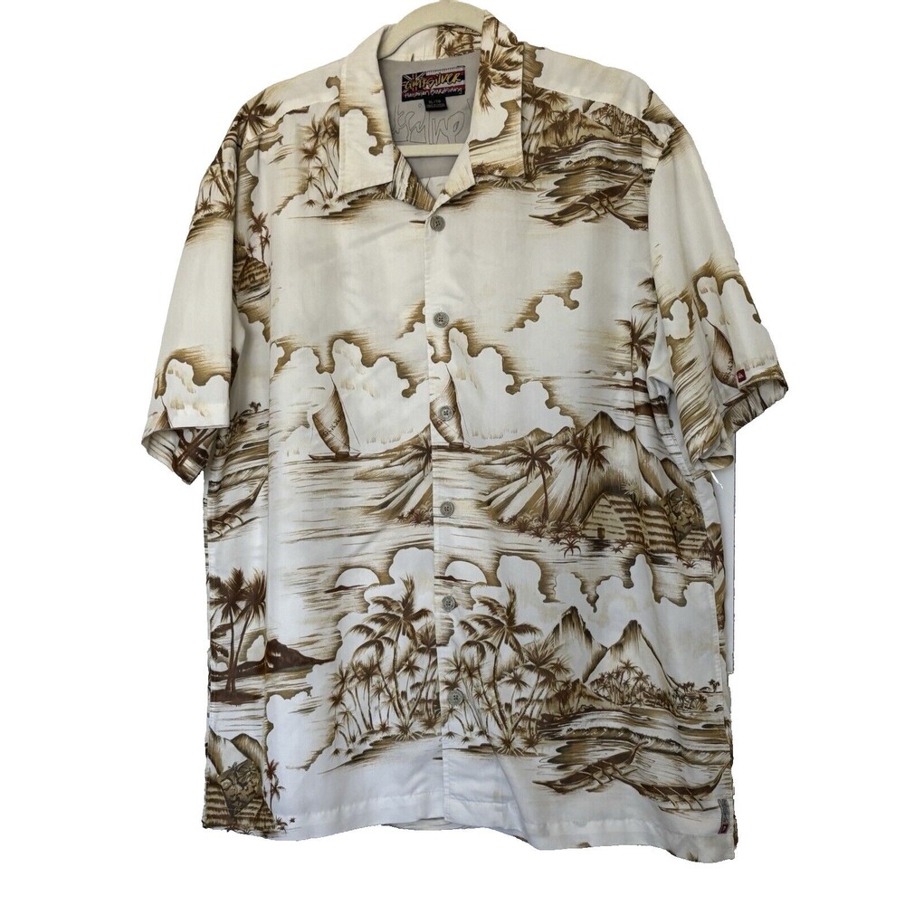 QUICK SLIVER HAWAIIN SHIRT WHITE AND BEIGE SHORT SLEEVE MENS SIZE XL VACATION